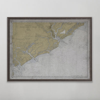 Old vintage historic nautical chart of Charleston Approaches for wall art home decor. 