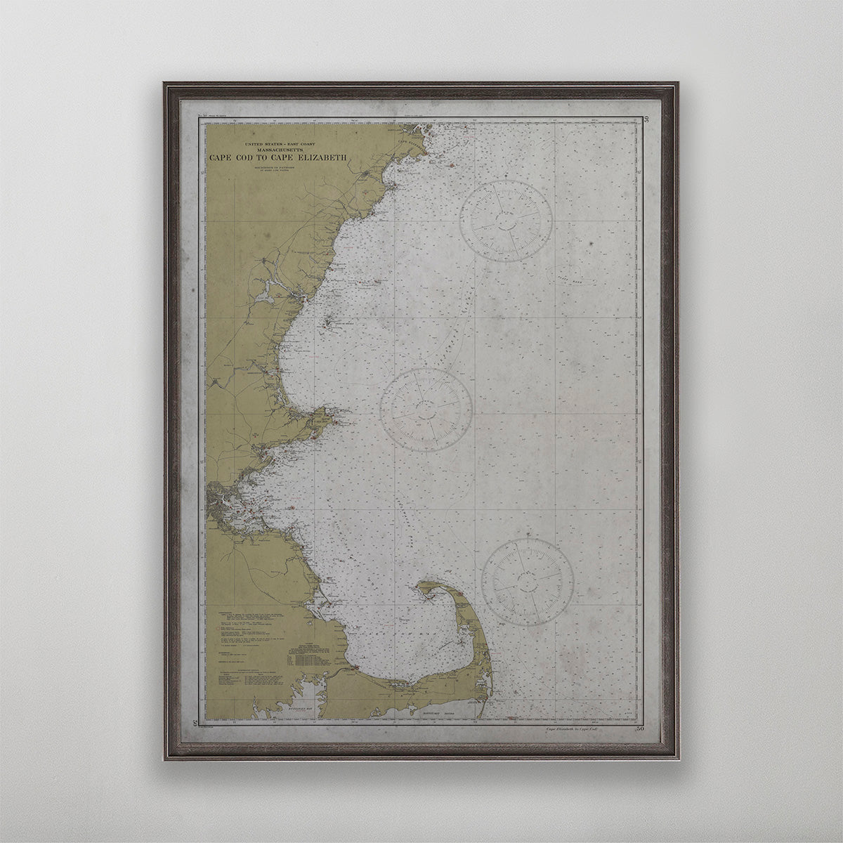 Old vintage historic nautical chart of Cape Elizabeth to Cape Cod for wall art home decor. 