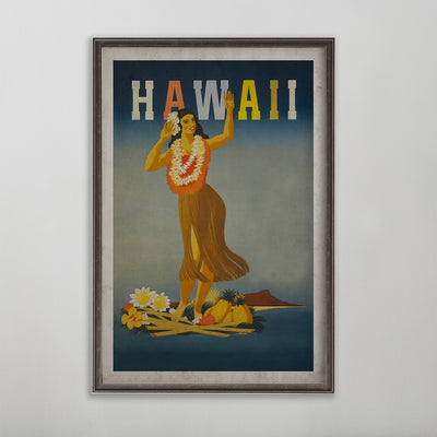 Hawaii vintage travel poster. Hawaiian woman dancing. 