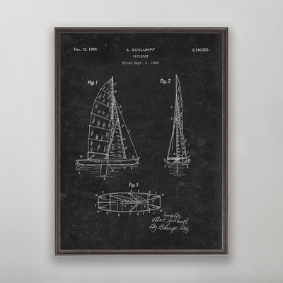 Old vintage Sailboat Patent A. Schlumpf patent poster print art for wall art home decor. 