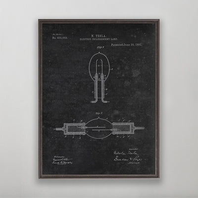 Old vintage Nikola Tesla light bulb patent print for wall art home decor. 