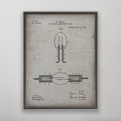 Old vintage Nikola Tesla light bulb patent print art for wall art home decor. 