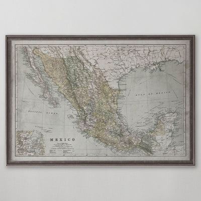 Old vintage historic map of Mexico for wall art home decor. 