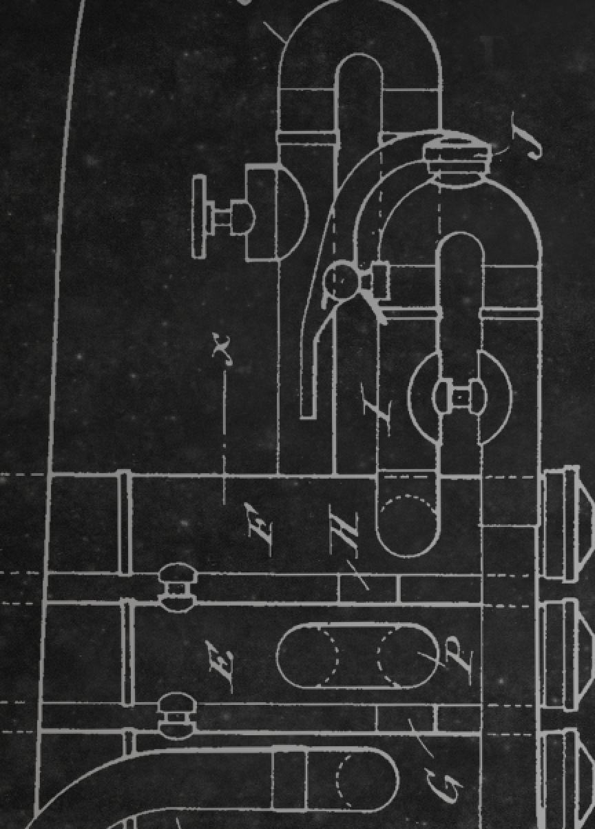 The image is a technical drawing or schematic of a complex mechanical or industrial device, featuring various pipes, valves, and other components.