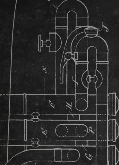 The image is a technical drawing or schematic of a complex mechanical or industrial device, featuring various pipes, valves, and other components.