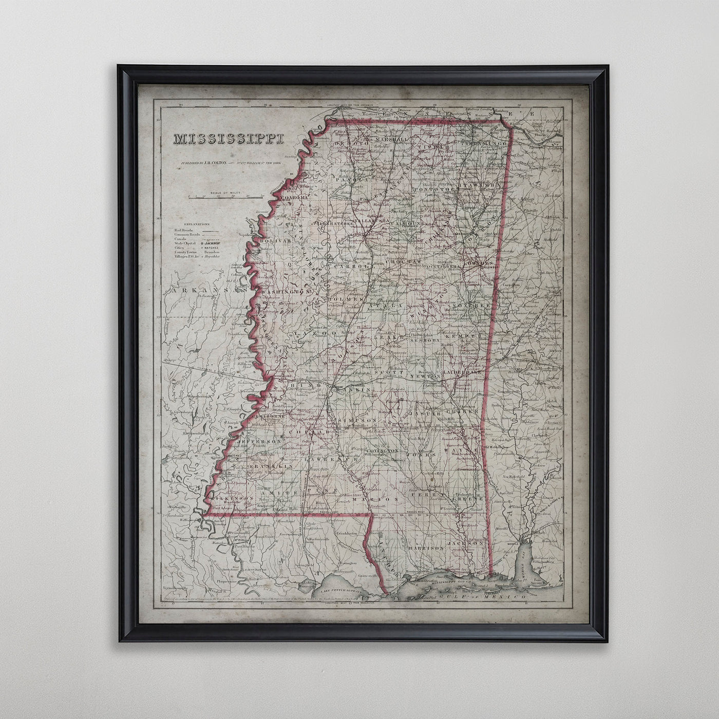Mississippi Map, Vintage Map of Mississippi, Mississippi  Home Decor, 1850