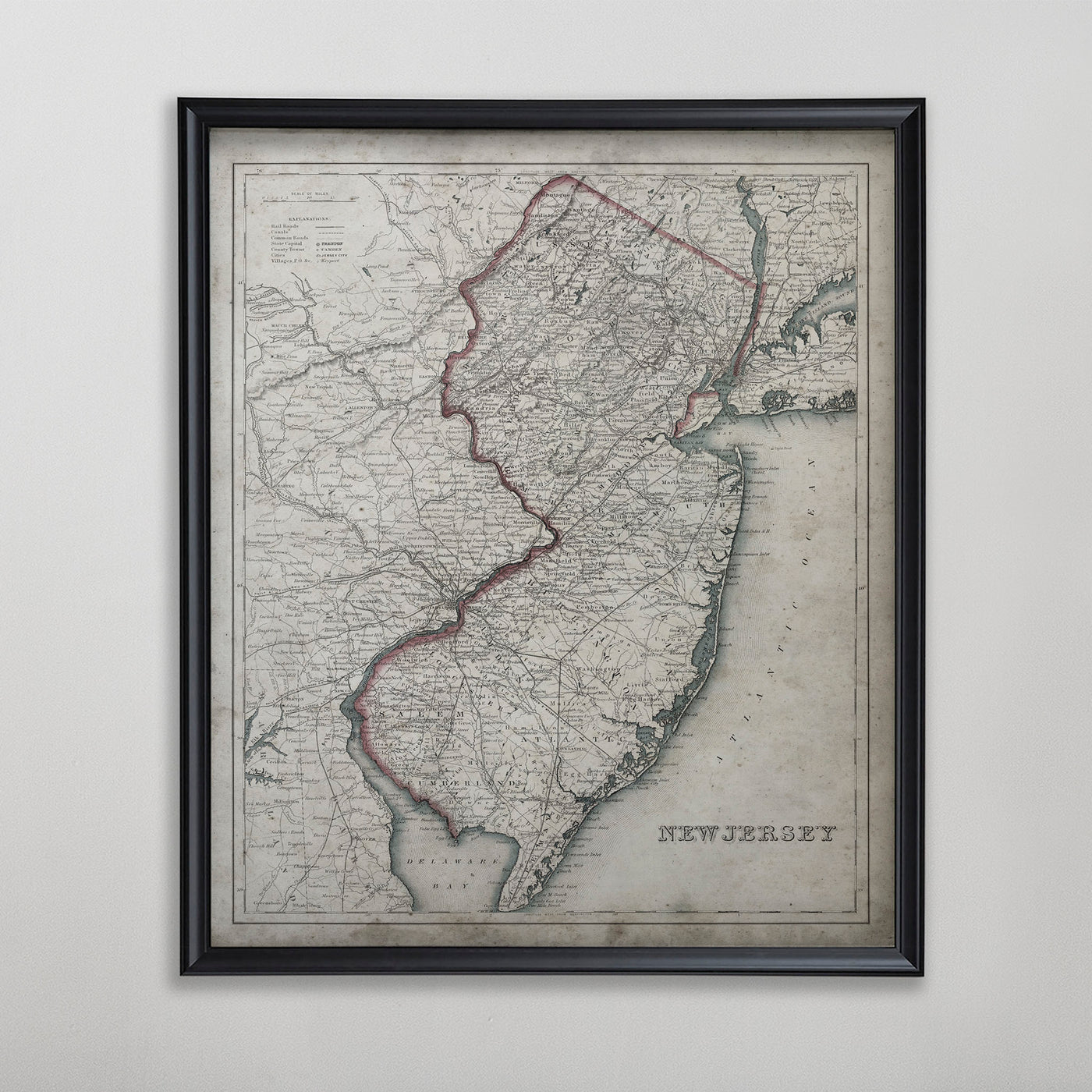 New Jersey Map, Vintage Map of New Jersey, American Home Decor, 1850