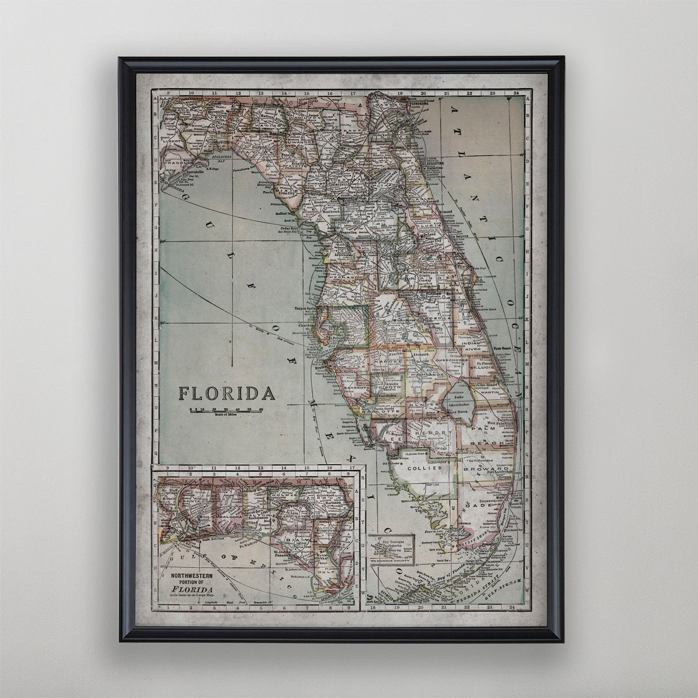 Florida Map, Vintage Map of Florida, Florida Home Decor, 20th Century