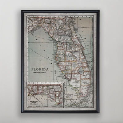 Florida Map, Vintage Map of Florida, Florida Home Decor, 20th Century