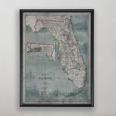 Florida Map, Vintage Map of Florida, Florida Home Decor, 20th Century
