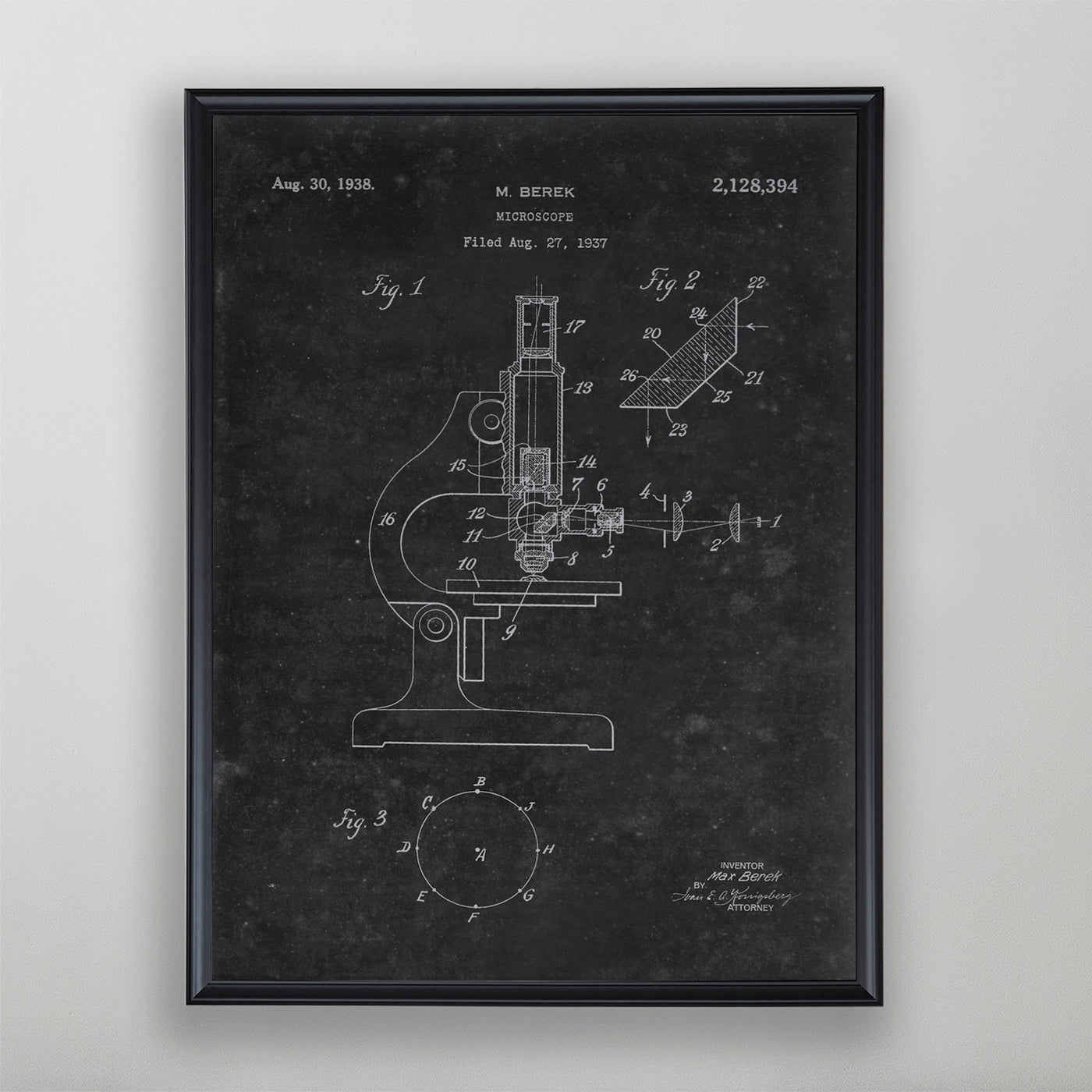 Microscope Patent, Vintage Microscope Patent Art, Antique Microscope Patent Wall Decor, c. 1938 M. Berek