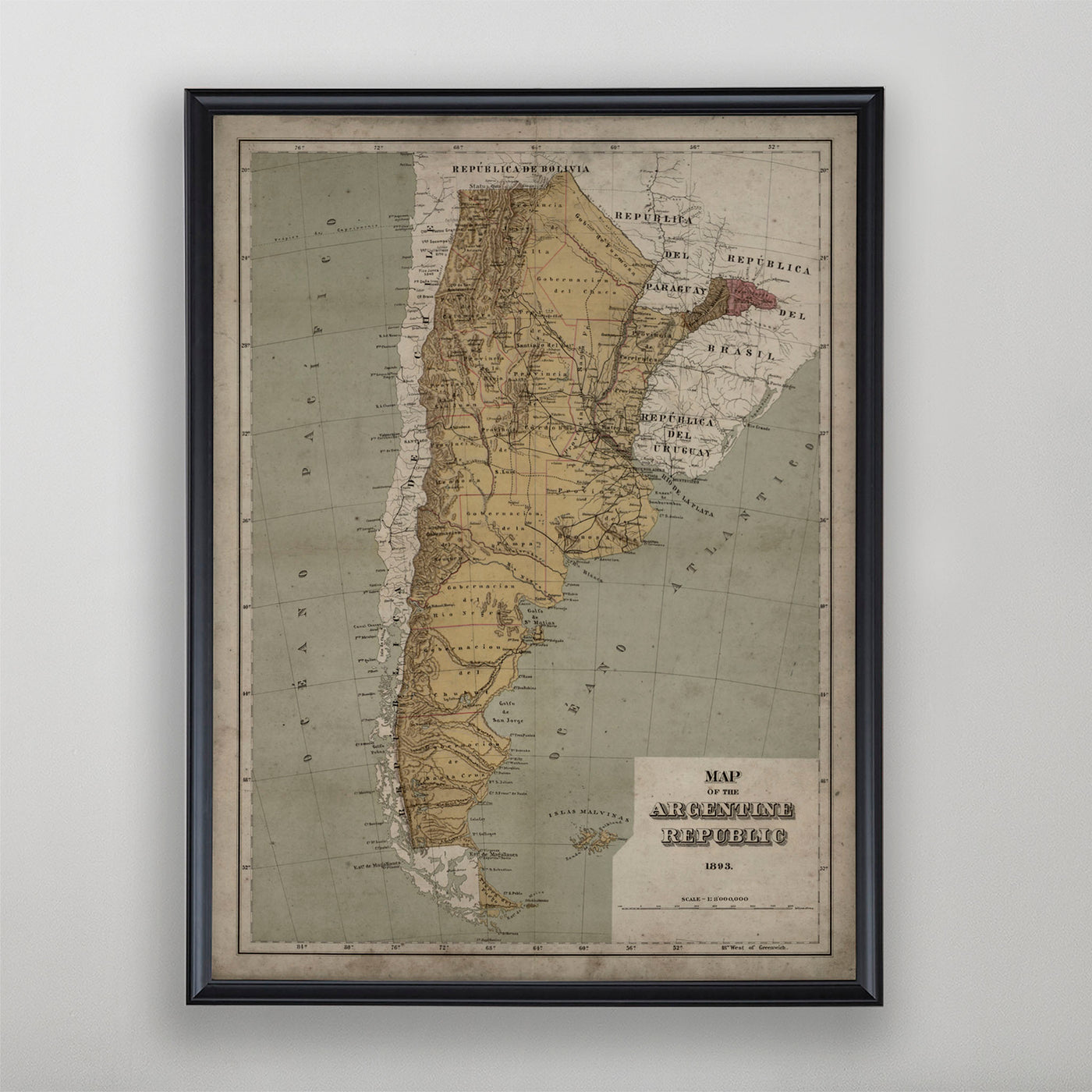 Argentina Map, Vintage Map of Argentina, Argentine Home Decor, 19th Century