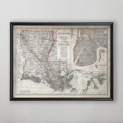 Louisiana Map, Vintage Map of Louisiana, Louisiana Home Decor, 19th Century