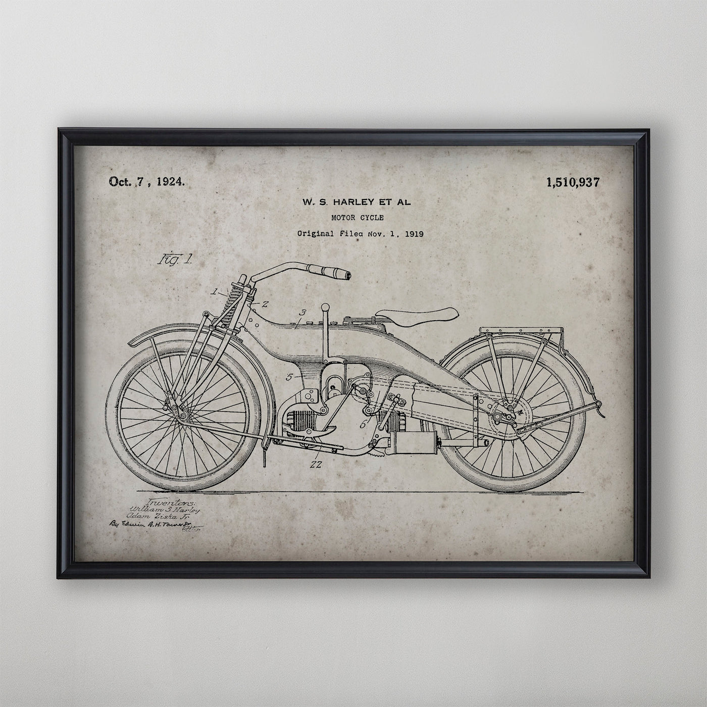 Motorcycle Patent, Vintage Motorcycle Patent Art, Antique Motorcycle Patent Wall Decor, c. 1919 W.S. Harley