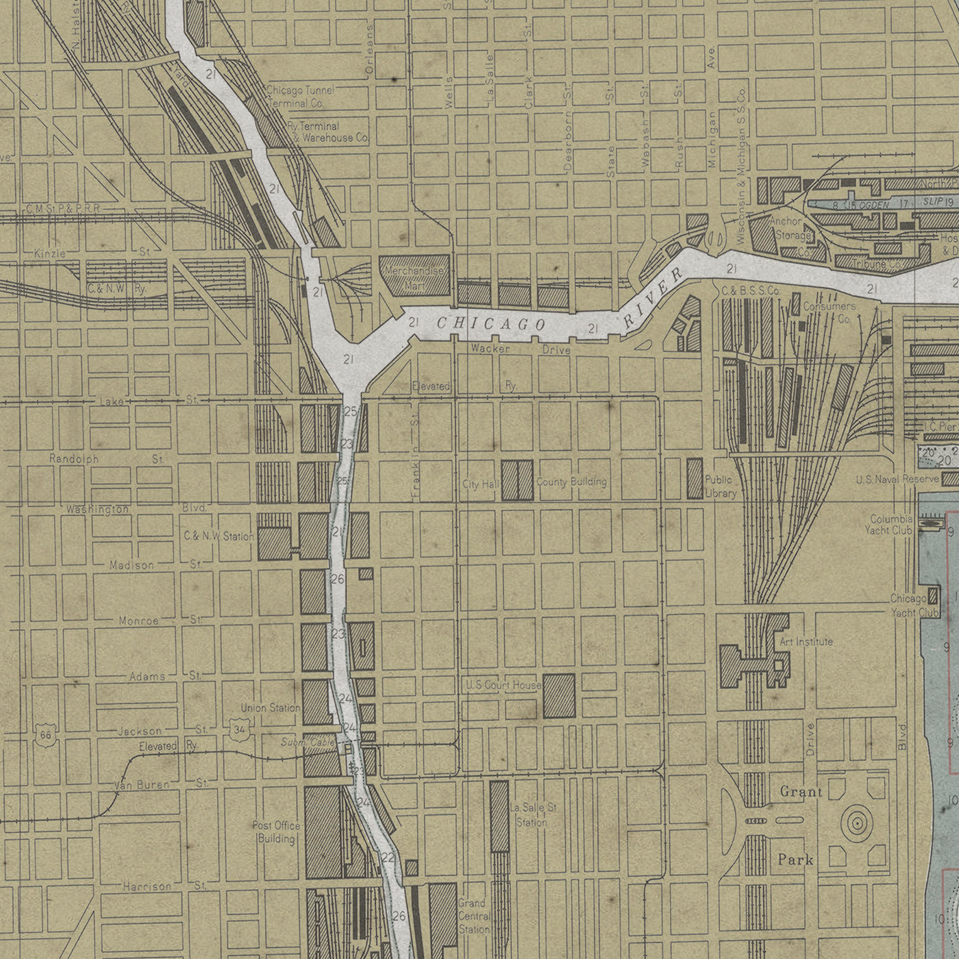 The image is a detailed map of Chicago, Illinois, showing the city's streets, landmarks, and waterways.
