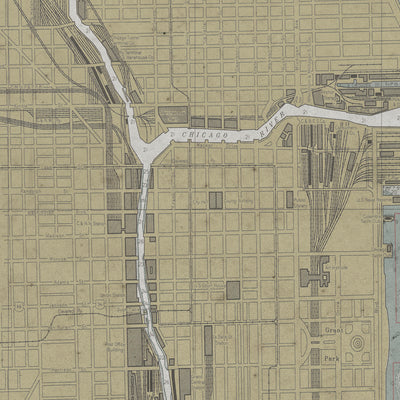The image is a detailed map of Chicago, Illinois, showing the city's streets, landmarks, and waterways.