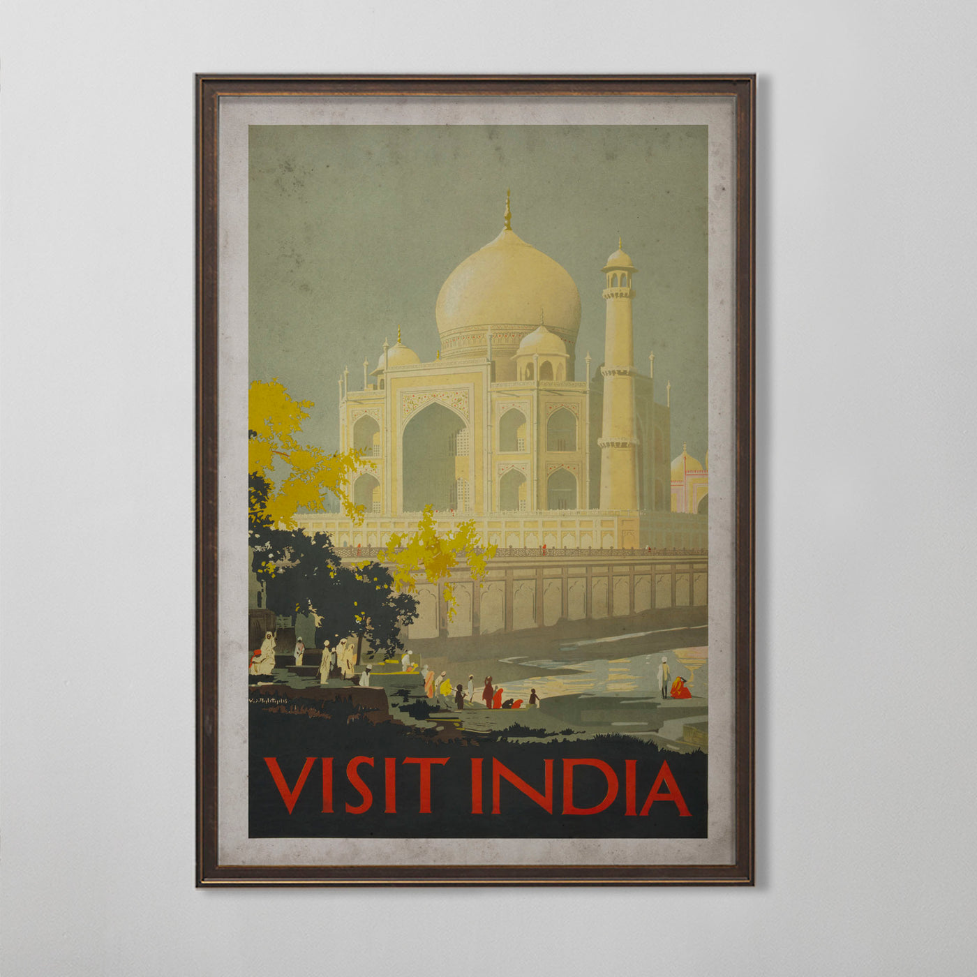 Indian Travel Poster, Taj Mahal India Tourism Art, Vibrant Travel Decor, 20th C.