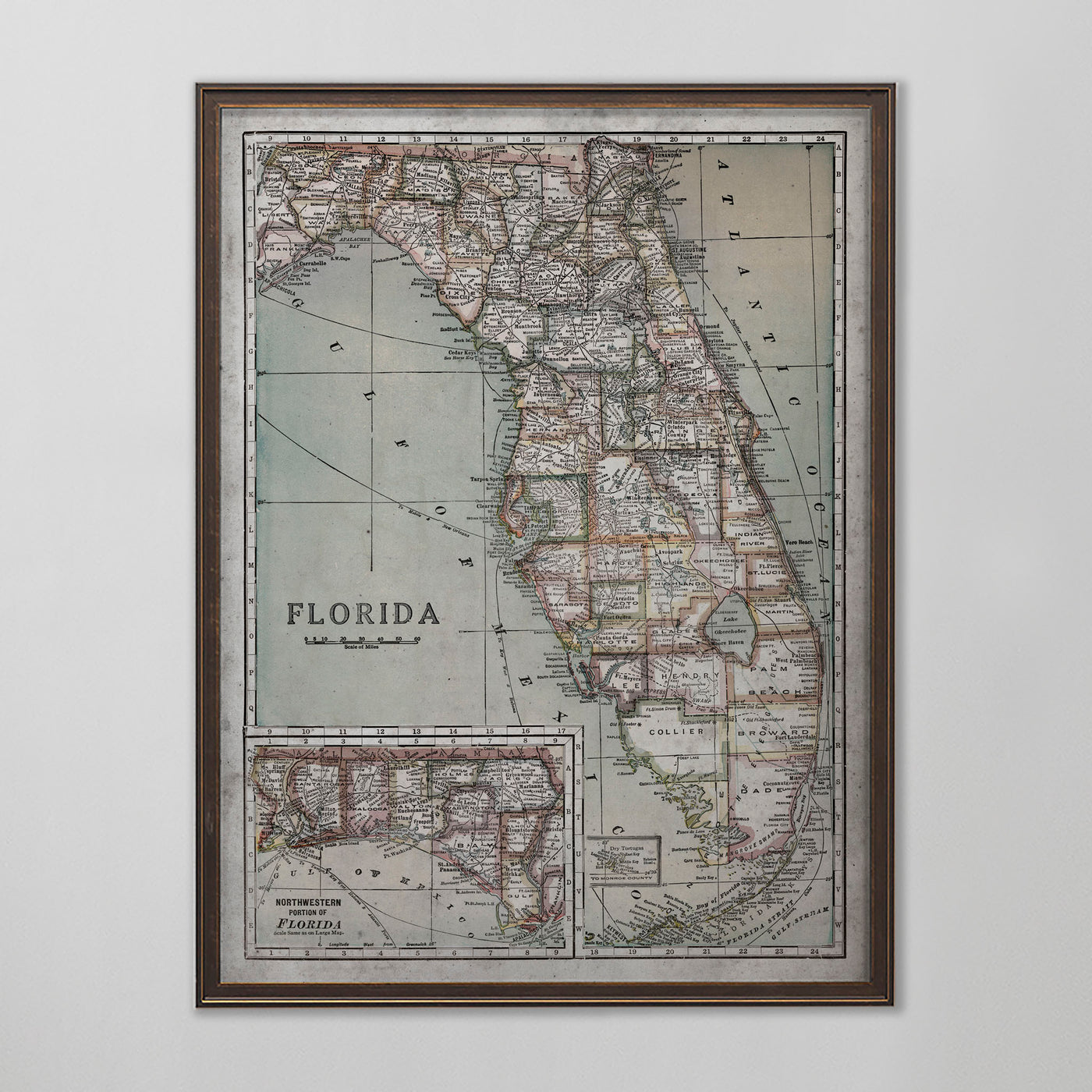 Florida Map, Vintage Map of Florida, Florida Home Decor, 20th Century