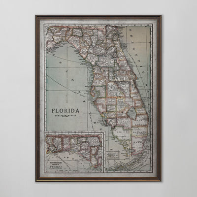 Florida Map, Vintage Map of Florida, Florida Home Decor, 20th Century