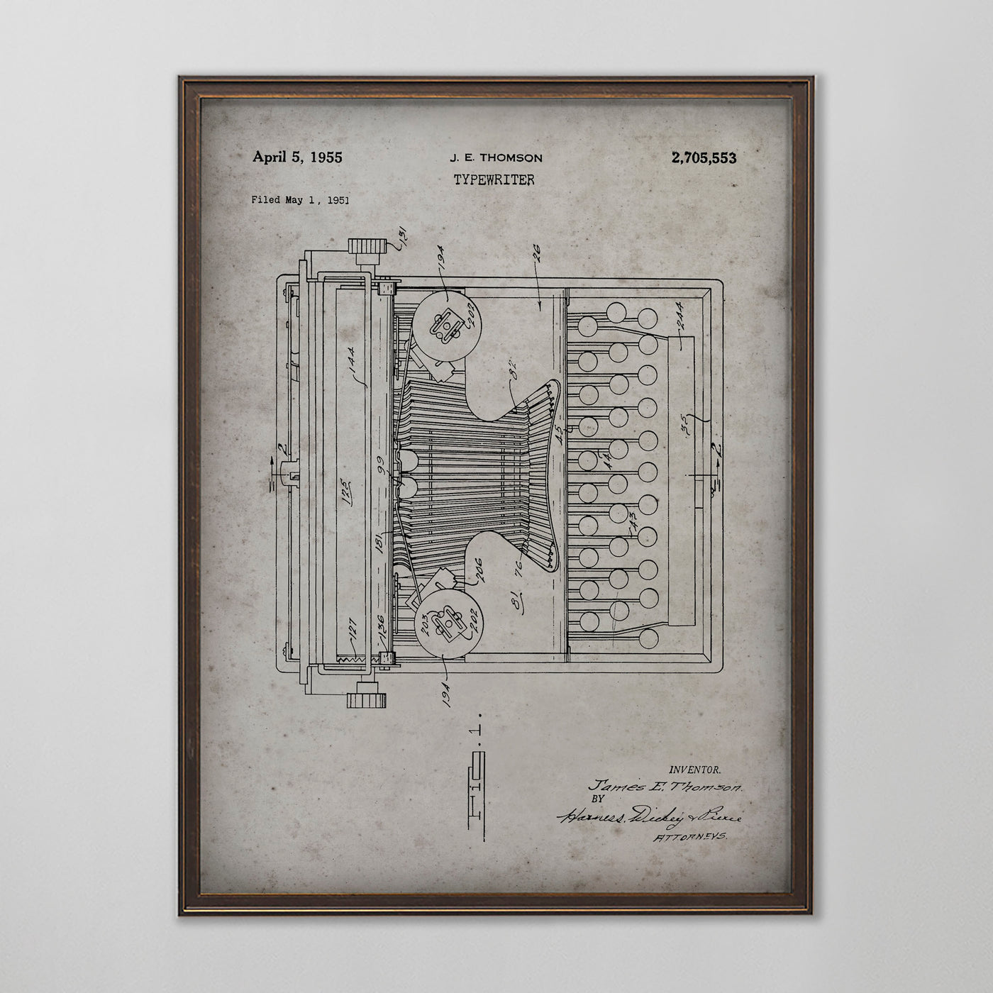 Typewriter Patent, Vintage Typewriter Patent Art, Antique Typewriter Patent Wall Decor, c. 1951 J.E. Thomson