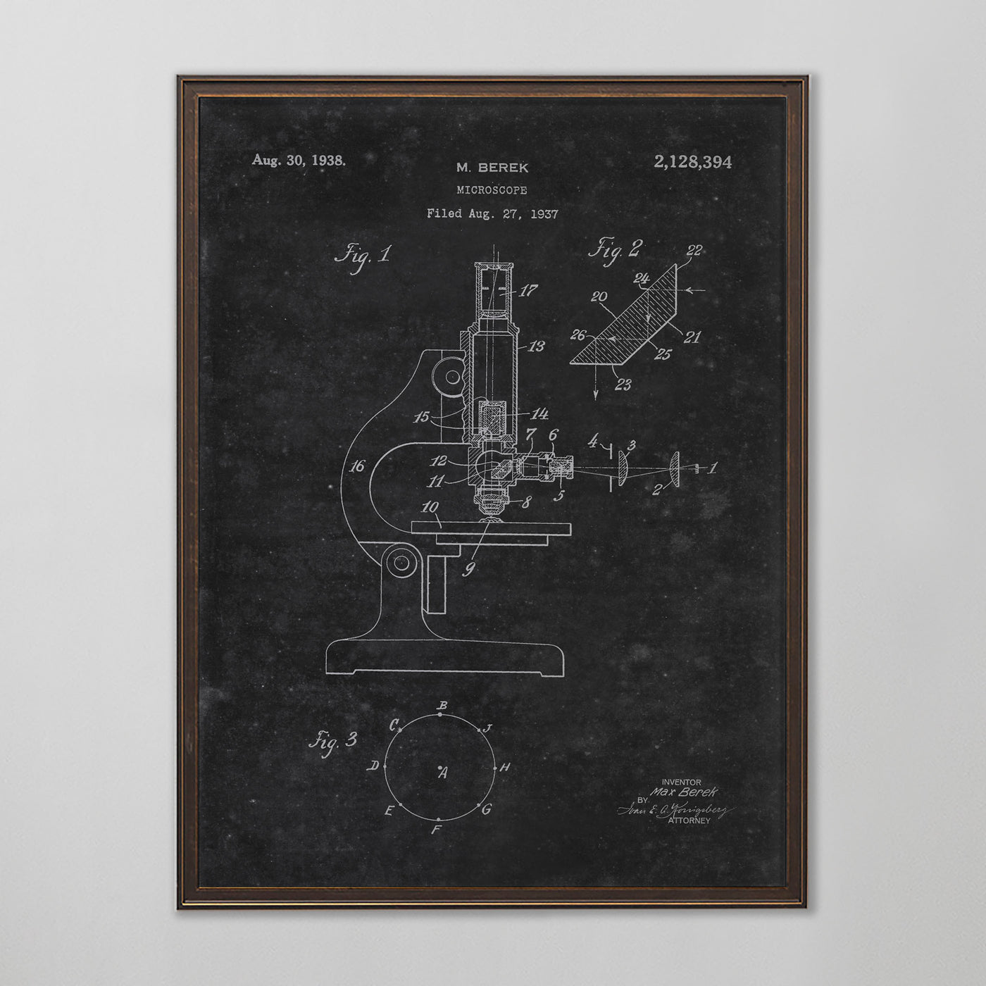 Microscope Patent, Vintage Microscope Patent Art, Antique Microscope Patent Wall Decor, c. 1938 M. Berek