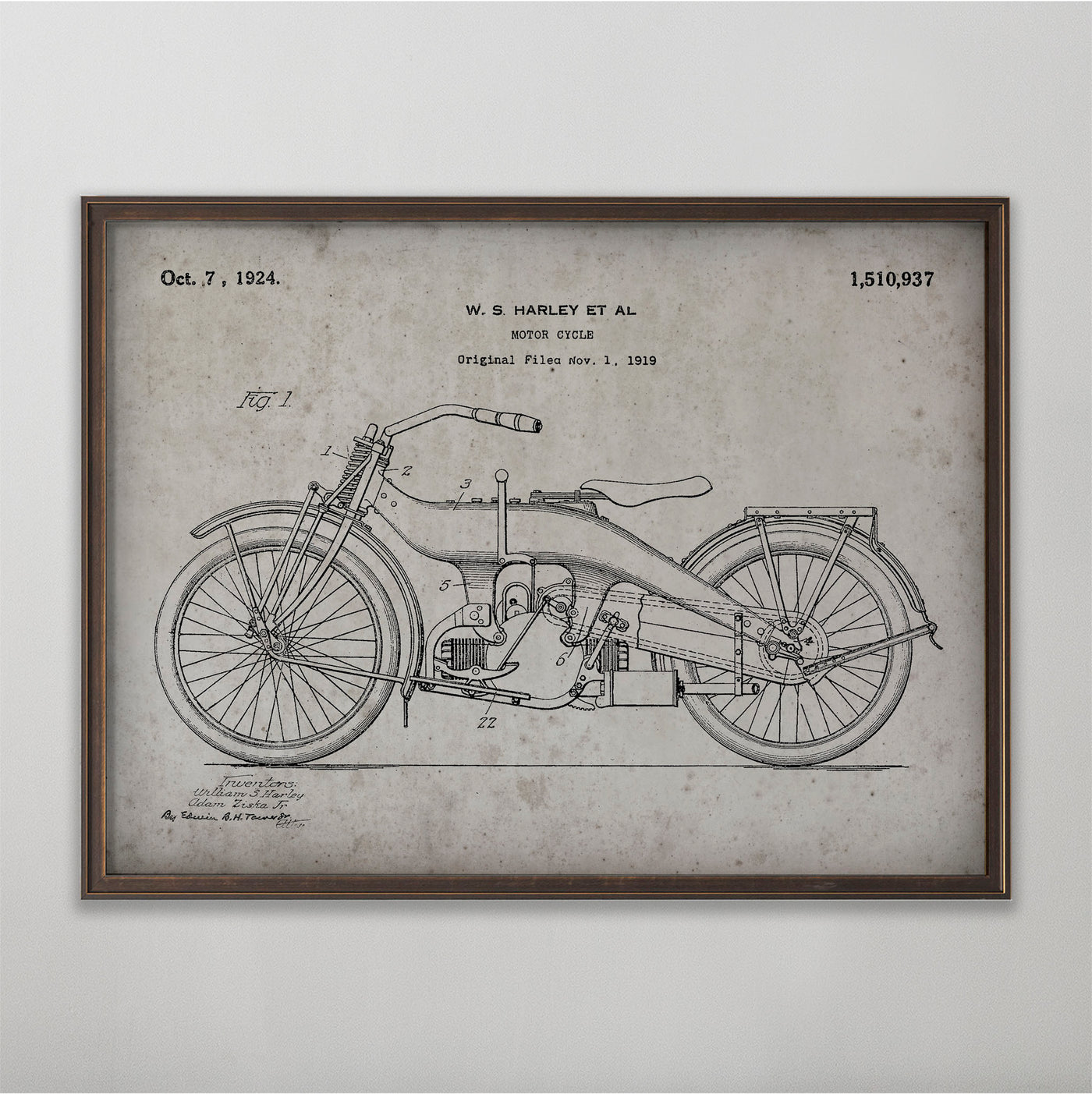 Motorcycle Patent, Vintage Motorcycle Patent Art, Antique Motorcycle Patent Wall Decor, c. 1919 W.S. Harley