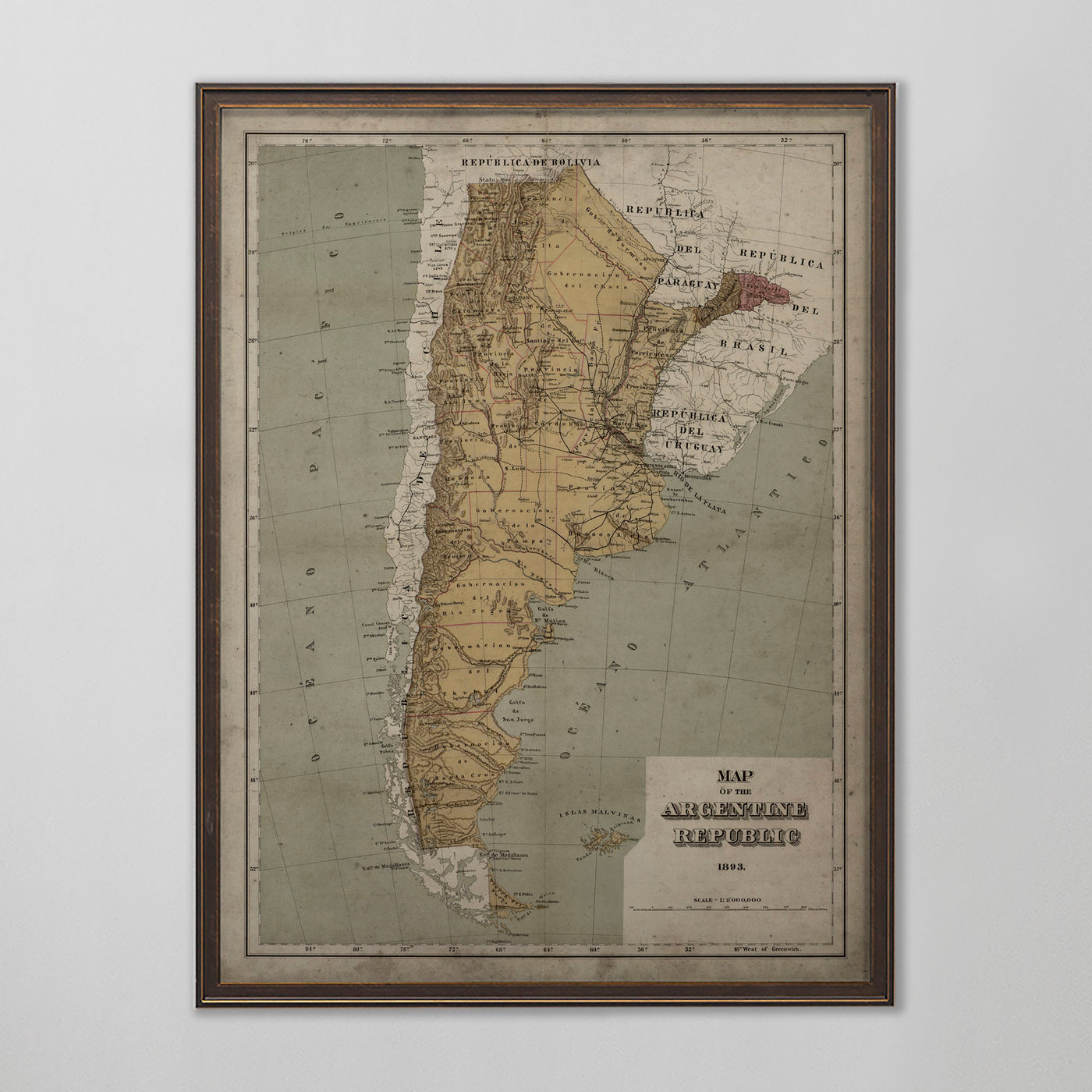 Argentina Map, Vintage Map of Argentina, Argentine Home Decor, 19th Century