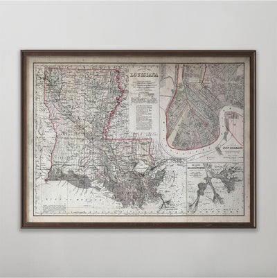 Louisiana Map, Vintage Map of Louisiana, Louisiana Home Decor, 19th Century
