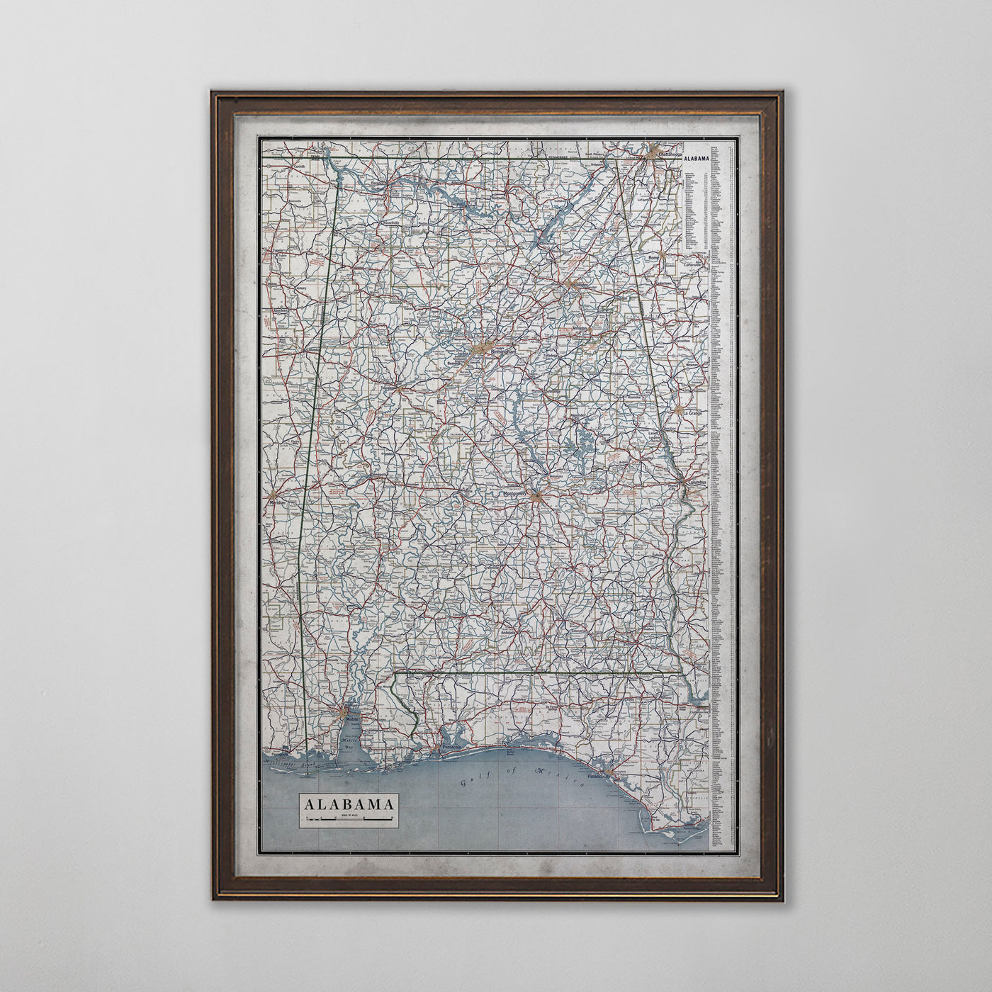 Alabama Road Map, Vintage Road Map of Alabama, Alabama Home Decor, 20th Century