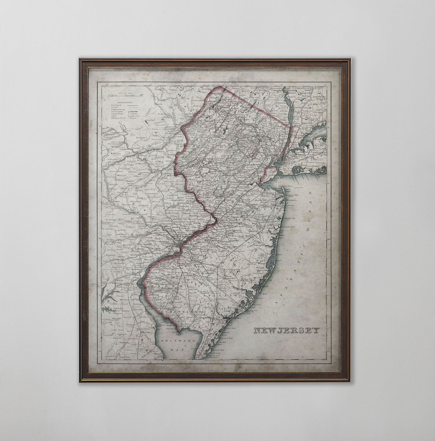 New Jersey Map, Vintage Map of New Jersey, American Home Decor, 1850