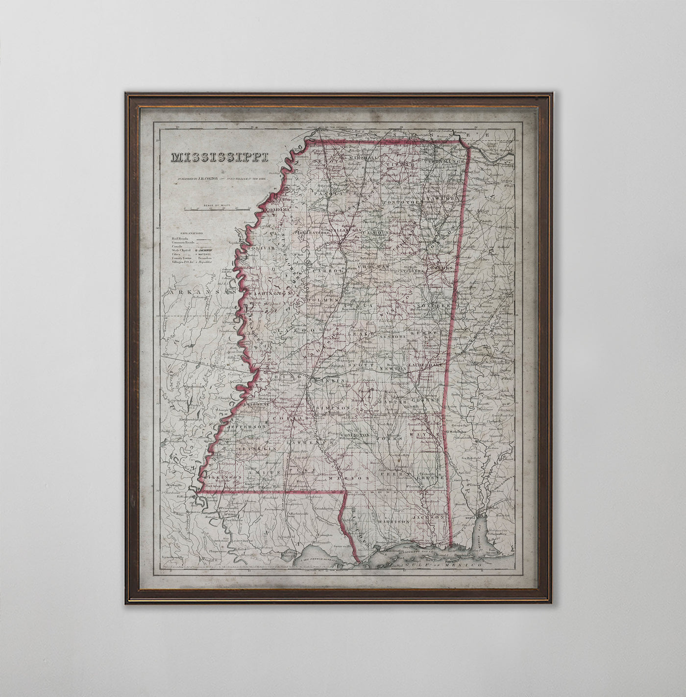 Mississippi Map, Vintage Map of Mississippi, Mississippi  Home Decor, 1850