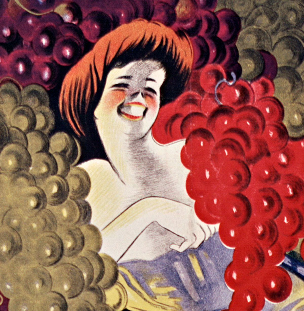 A woman with a red headband is smiling and looking at a bunch of red grapes.