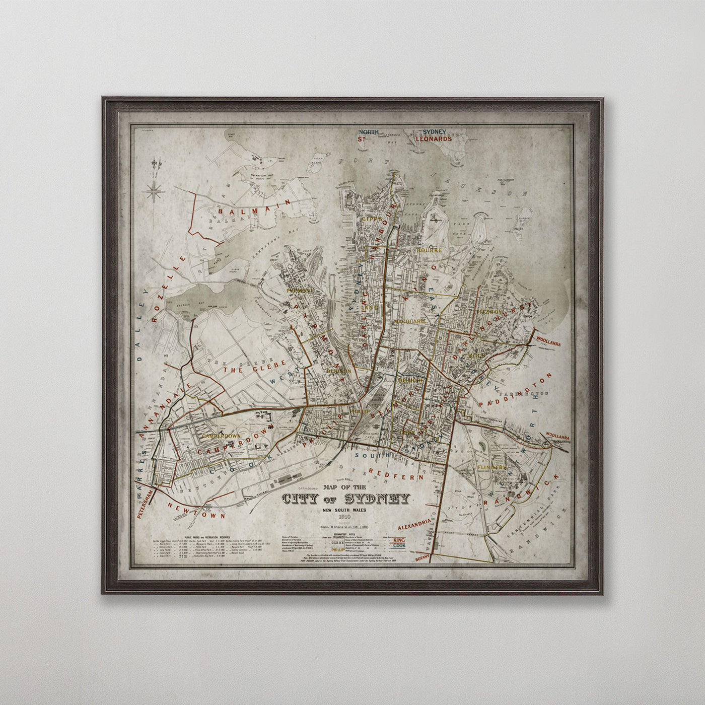 Old vintage historic map of Sydney, Australia for wall art home decor. 