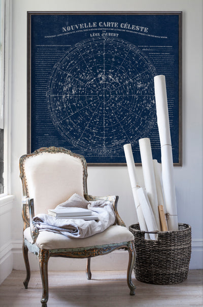Star Map celestial poster print art in room with white walls with vintage furniture and vintage decor.