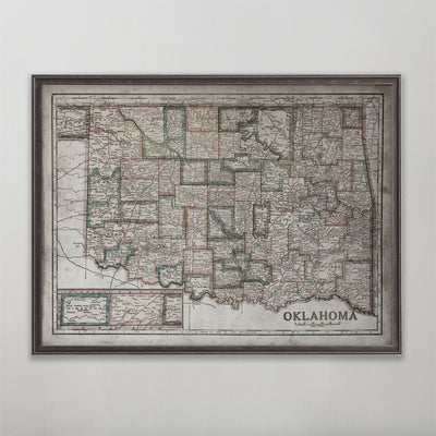 Old vintage historic map of Oklahoma for wall art home decor. 