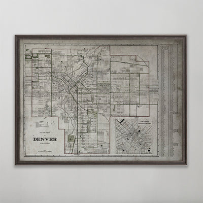 Old vintage historic map of Denver, Colorado for wall art home decor. 