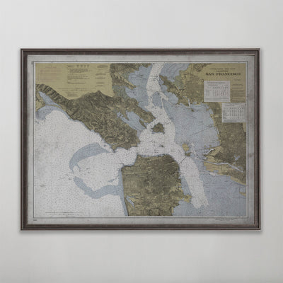 Old vintage historic nautical chart of San Francisco Bay Area wall art home decor. 