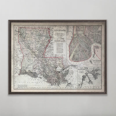 Old vintage historic map of Louisiana for wall art home decor. 