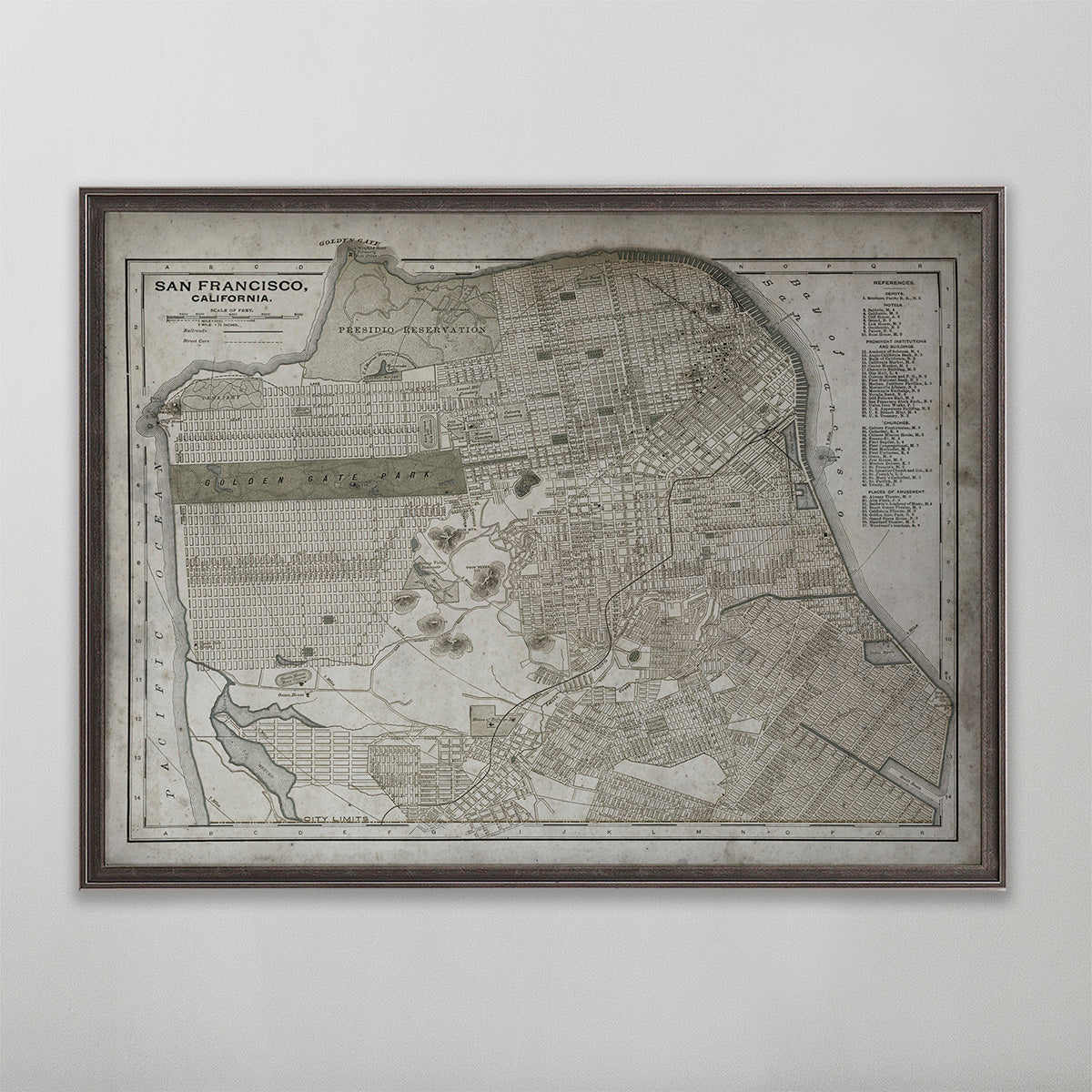 Old vintage historic map of San Francisco for wall art home decor. 
