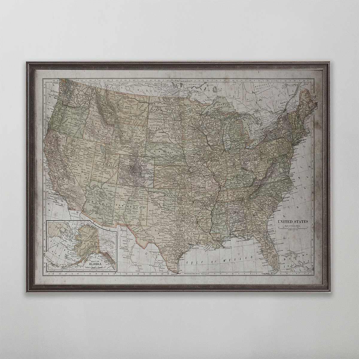 Old vintage historic map of  United States for wall art home decor. 