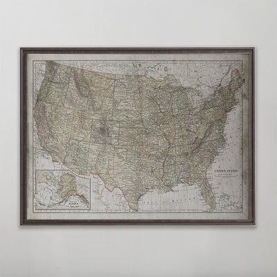 Old vintage historic map of  United States for wall art home decor. 
