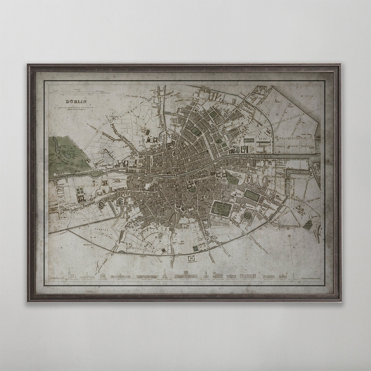 Old vintage historic map of Dublin, Ireland for wall art home decor. 