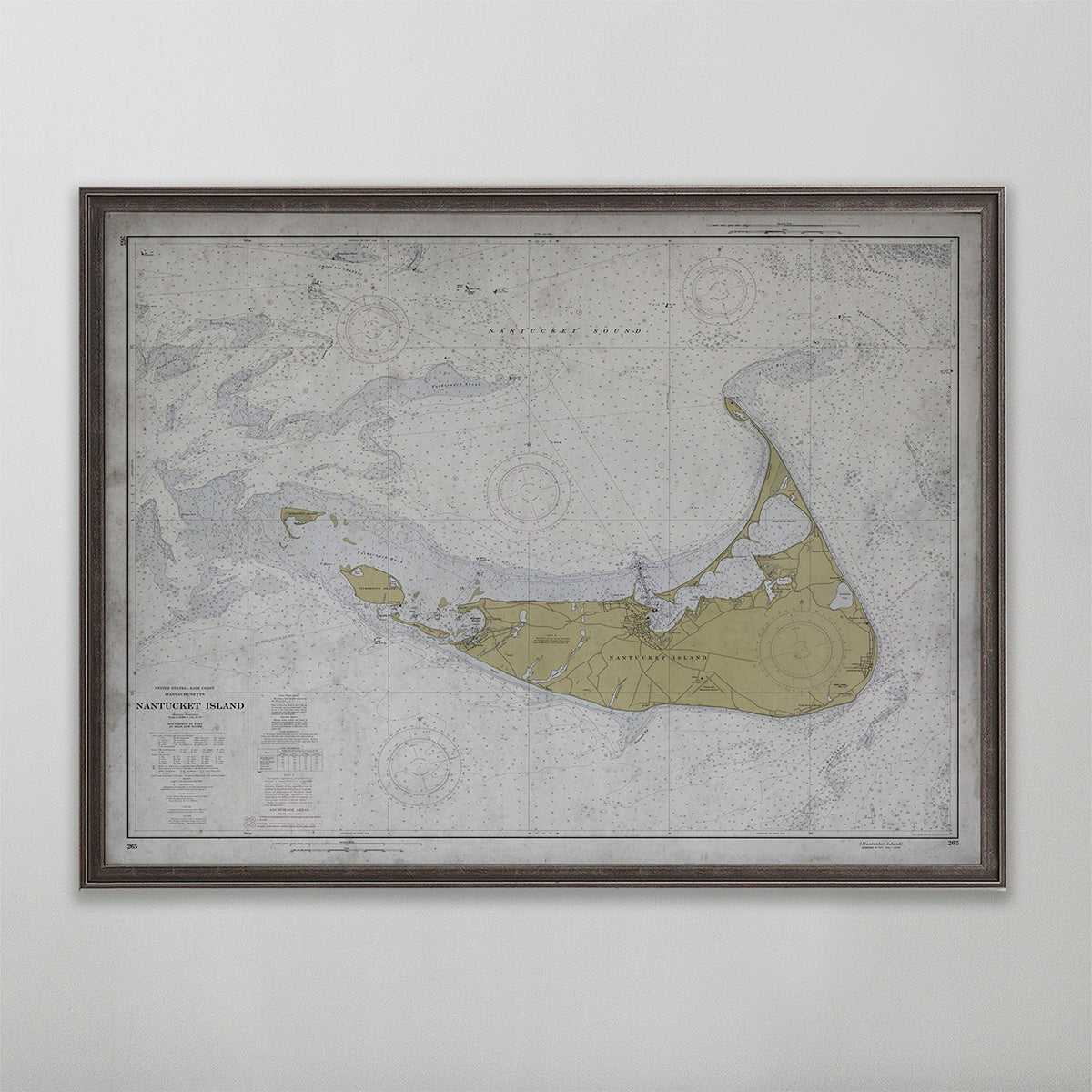 Old vintage historic nautical chart of Nantucket wall art home decor. 