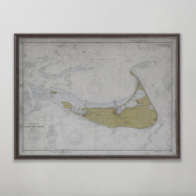 Old vintage historic nautical chart of Nantucket wall art home decor. 