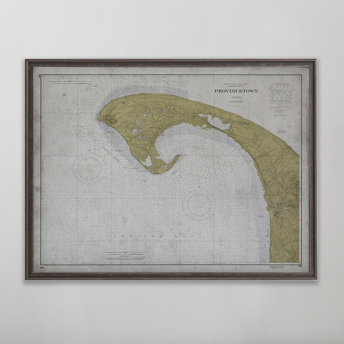 Old vintage historic nautical chart of Provincetown, Massachusetts wall art home decor. 