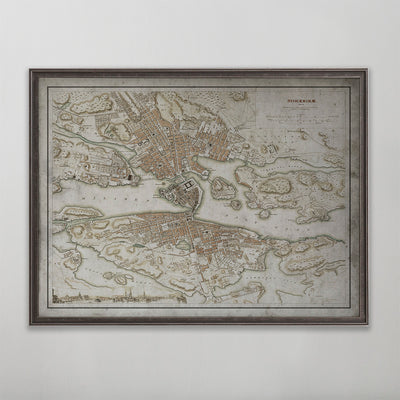 Old vintage historic map of Stockholm, Sweden for wall art home decor. 