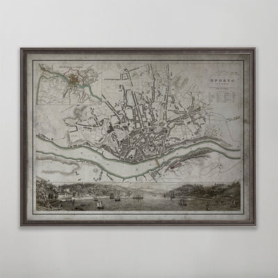 Old vintage historic map of Porto, Portugal for wall art home decor. 