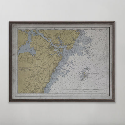 Old vintage historic nautical chart of Portsmouth, New Hampshire wall art home decor. 