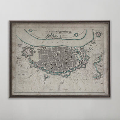 Old vintage historic map of Antwerp for wall art home decor. 