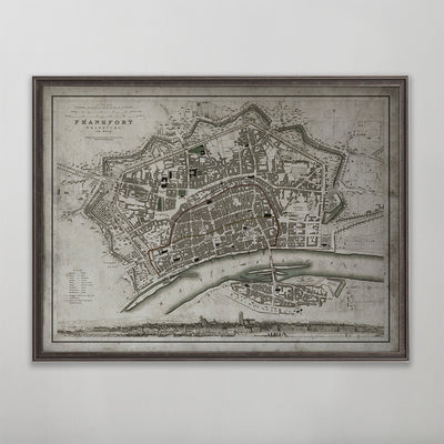 Old vintage historic map of Frankfurt, Germany for wall art home decor. 